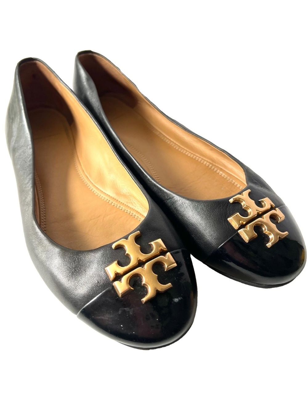 Tory Burch Everly Cap Toe Black Leather Gold Logo Ballet Flats Shoes 10.5